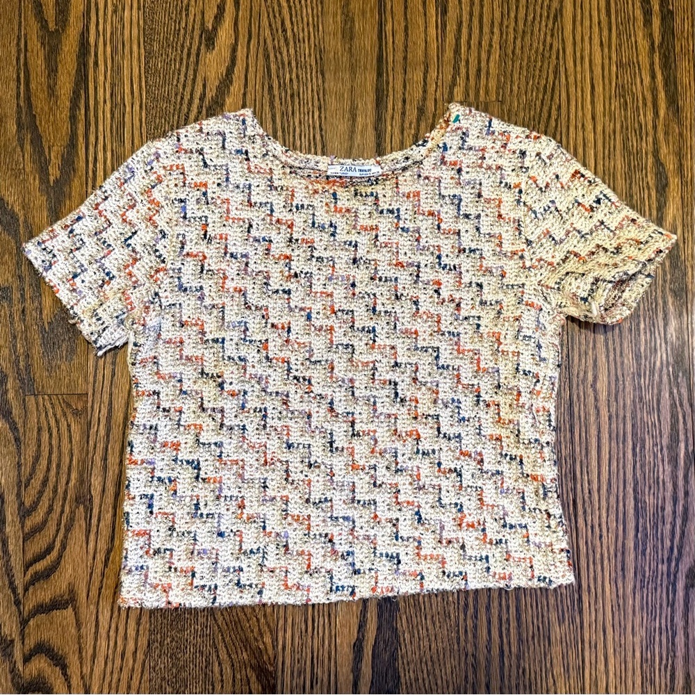 Zara Trafaluc Textured Tweed Short Sleeve Top with Gold Lurex Thread - Size S
